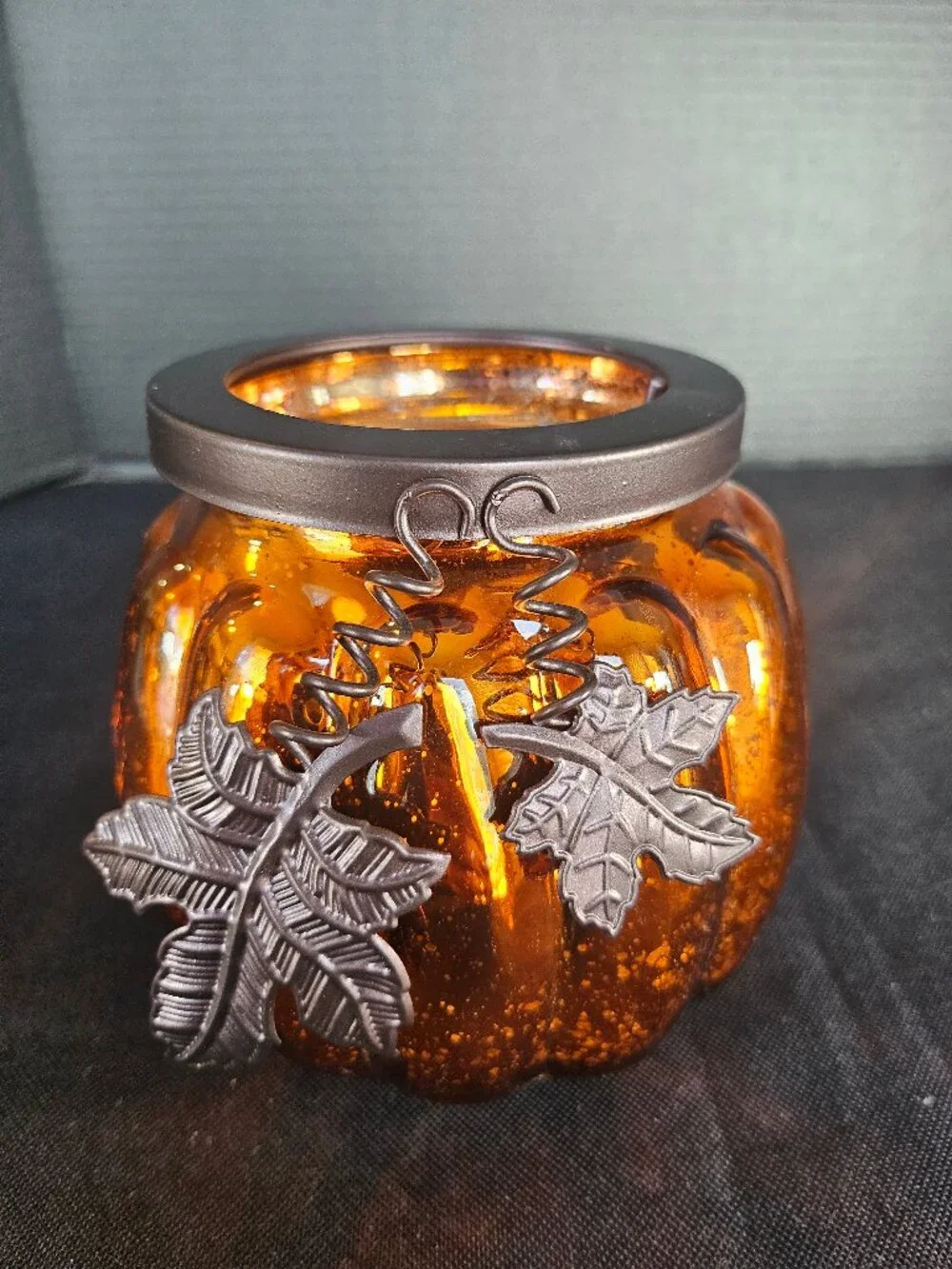 Mercury Glass Pumpkin Candle Holder With LED Votive Light And Bronze Leaf Accent
